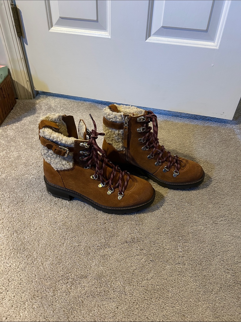 Sam Edelman Chestnut Suede Lace-Up Sherpa Hiking Boots